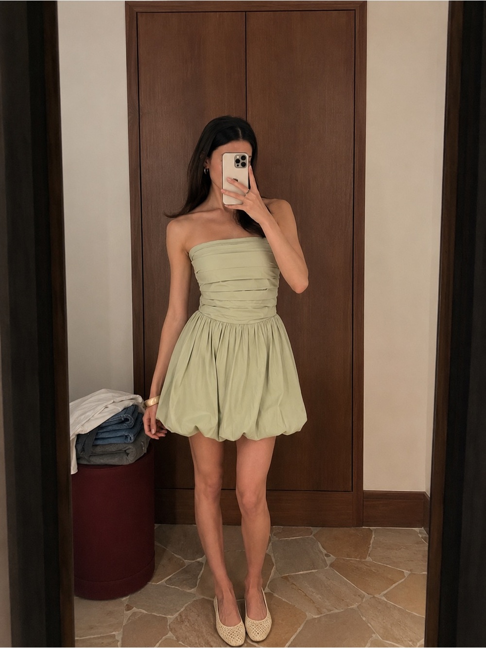 Reformation Strapless Mini Dress in Sage Green